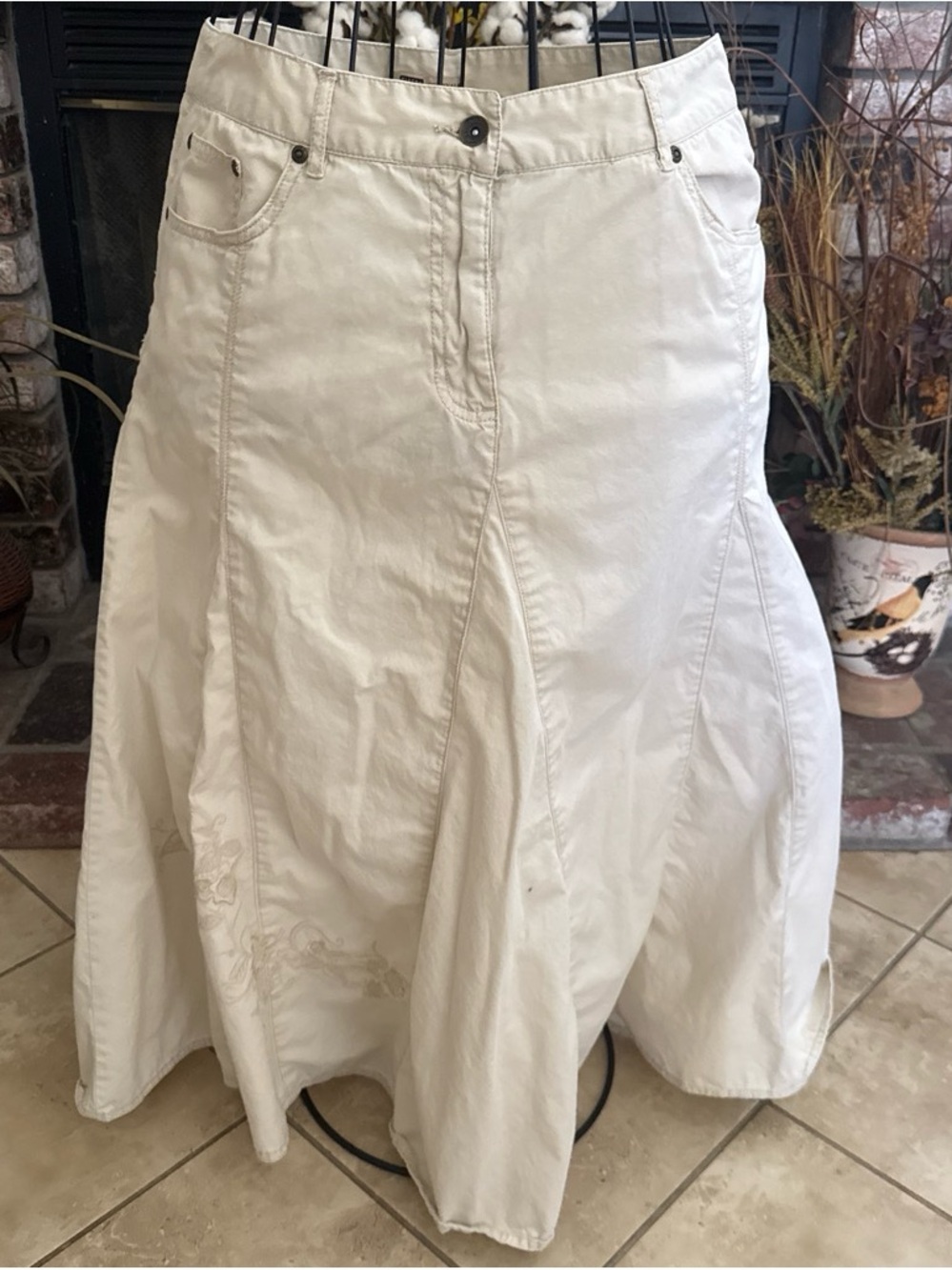 Vtg y2k Faded Glory Beige Embroidered Pleated Midi Skirt Sz 12 Boho Cottage